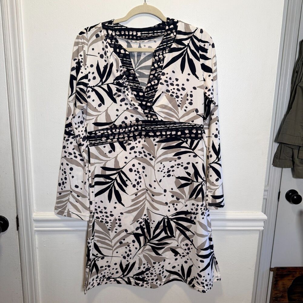 Coolibar UPF 50+ Dress S Tropical Botanical Long Sleeve V Neck Resort Travel